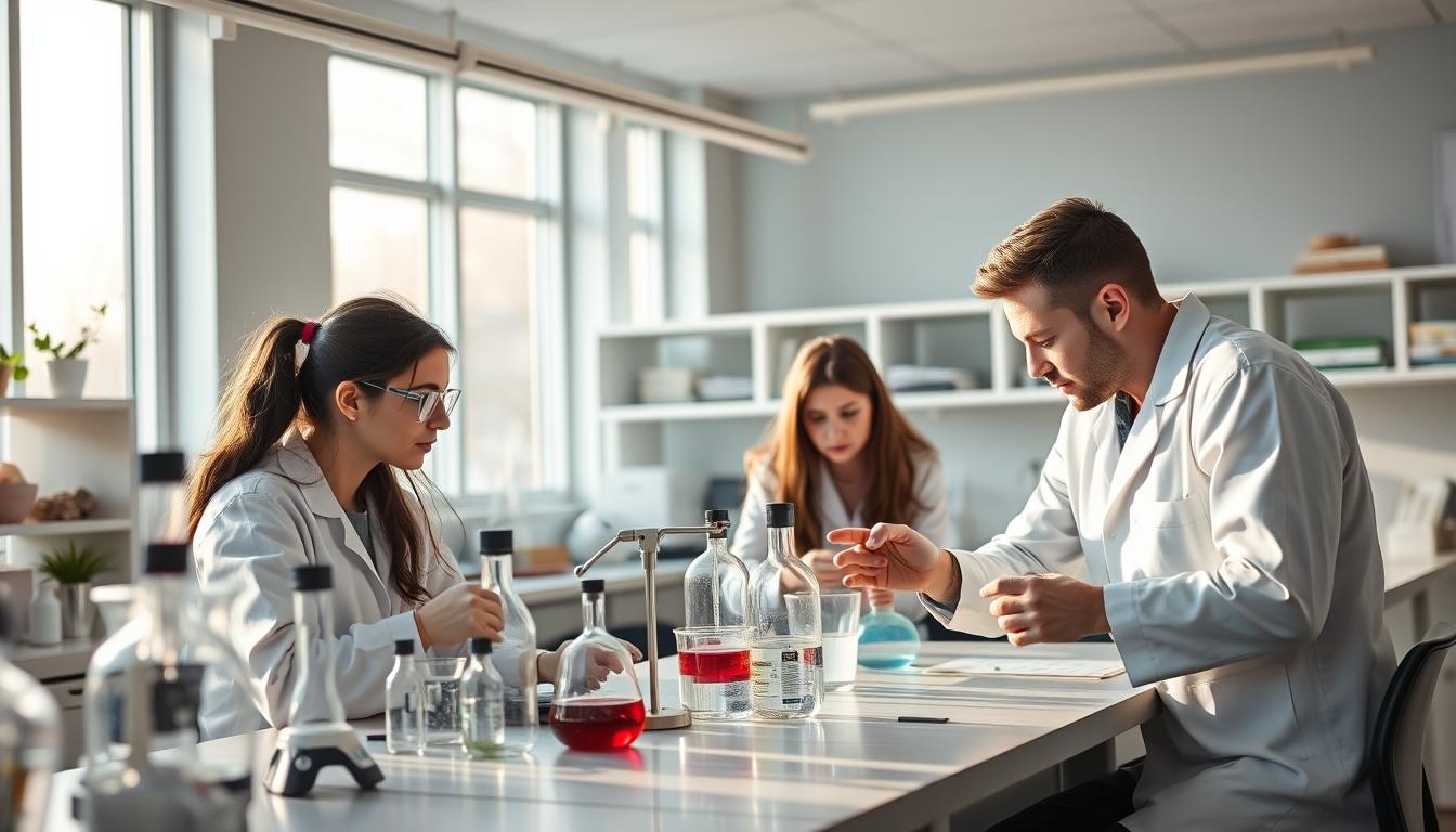 Students collaborating in a research lab